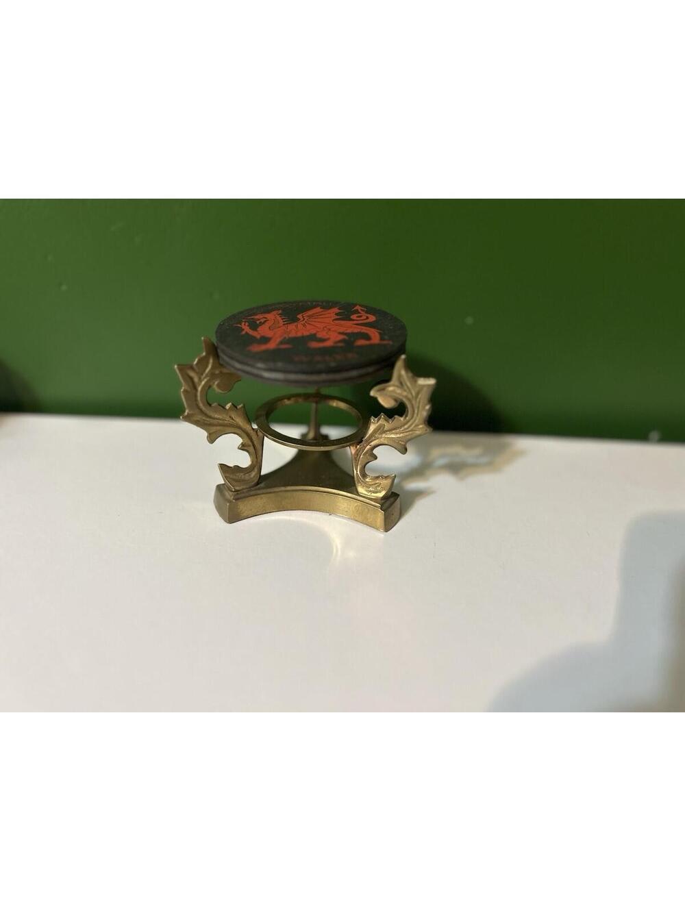 Vintage Wales Cymru Red Dragon Slate Coasters + Brass Acanthus Leaf Holder Set